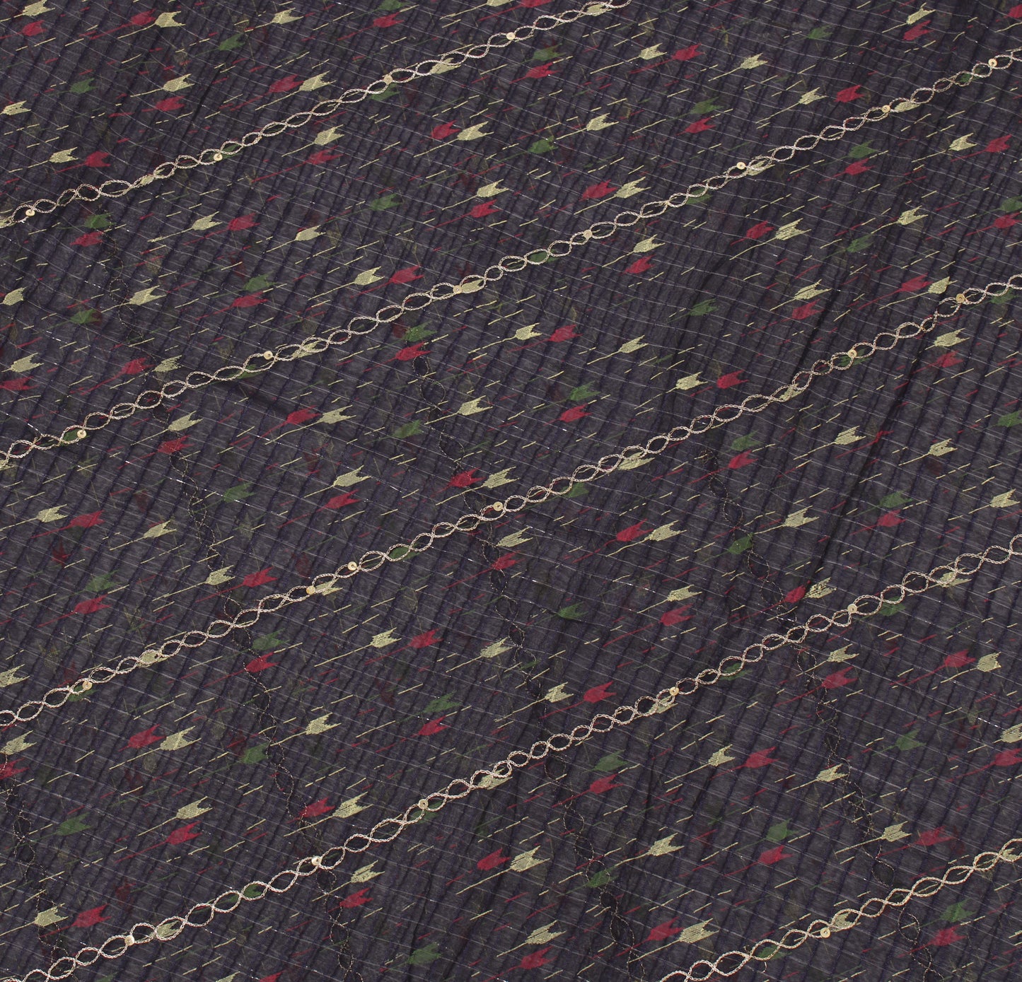Sushila Vintage Blue Indian Sari Blend Silk Printed Aari Work Sari 5 Yard Fabric