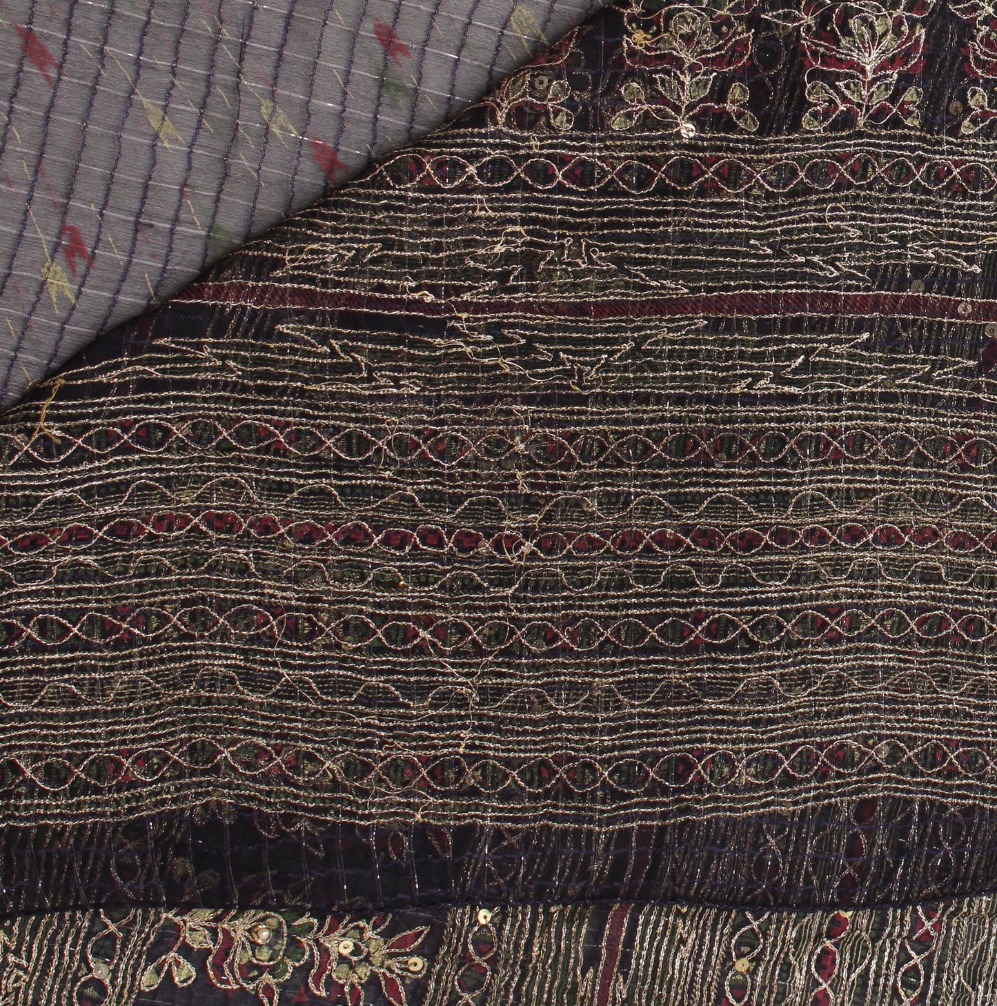 Sushila Vintage Blue Indian Sari Blend Silk Printed Aari Work Sari 5 Yard Fabric
