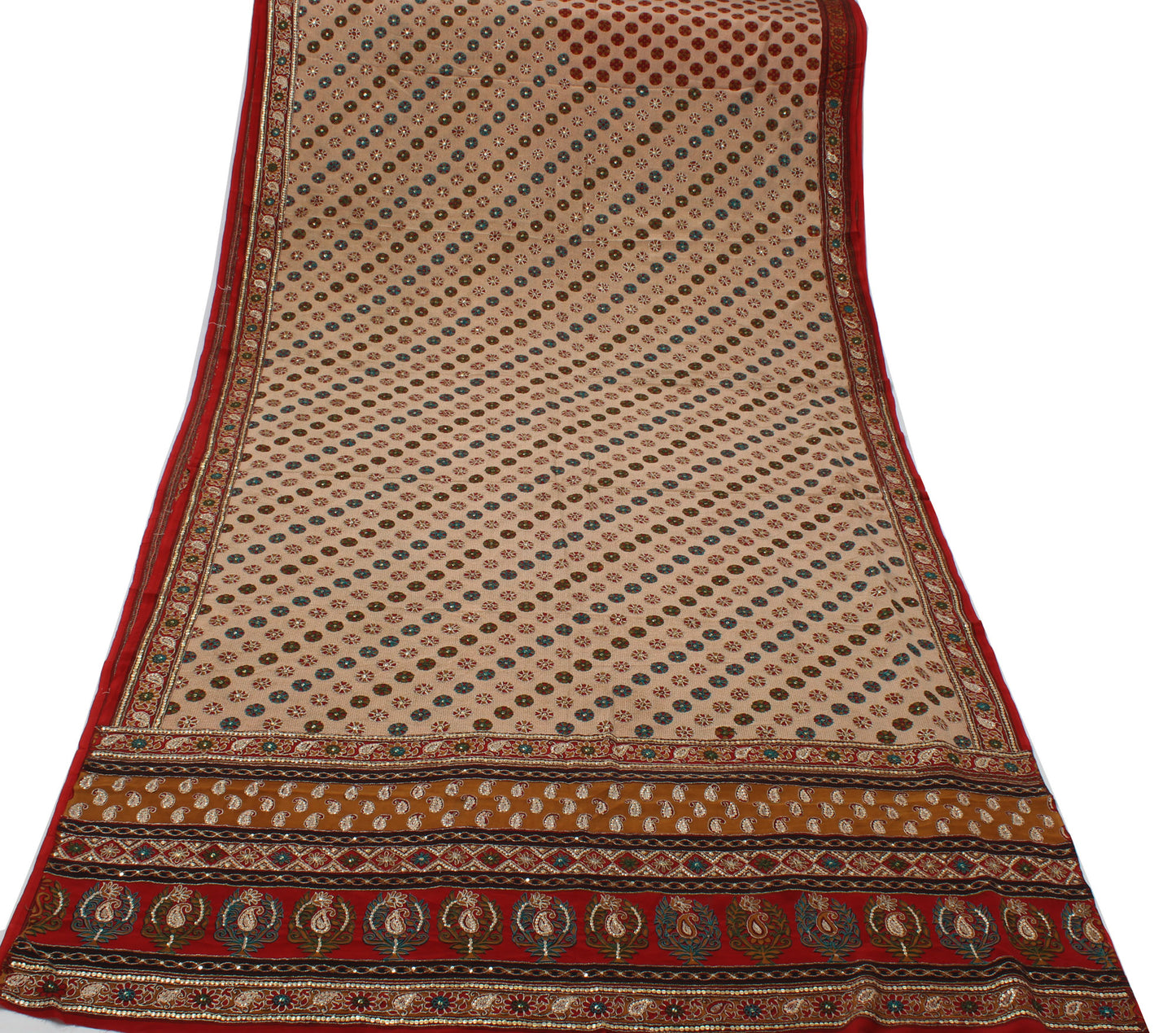 Sushila Vintage Cream Sari Pure Crepe Silk Embroidered Floral Sari 5 Yard Fabric