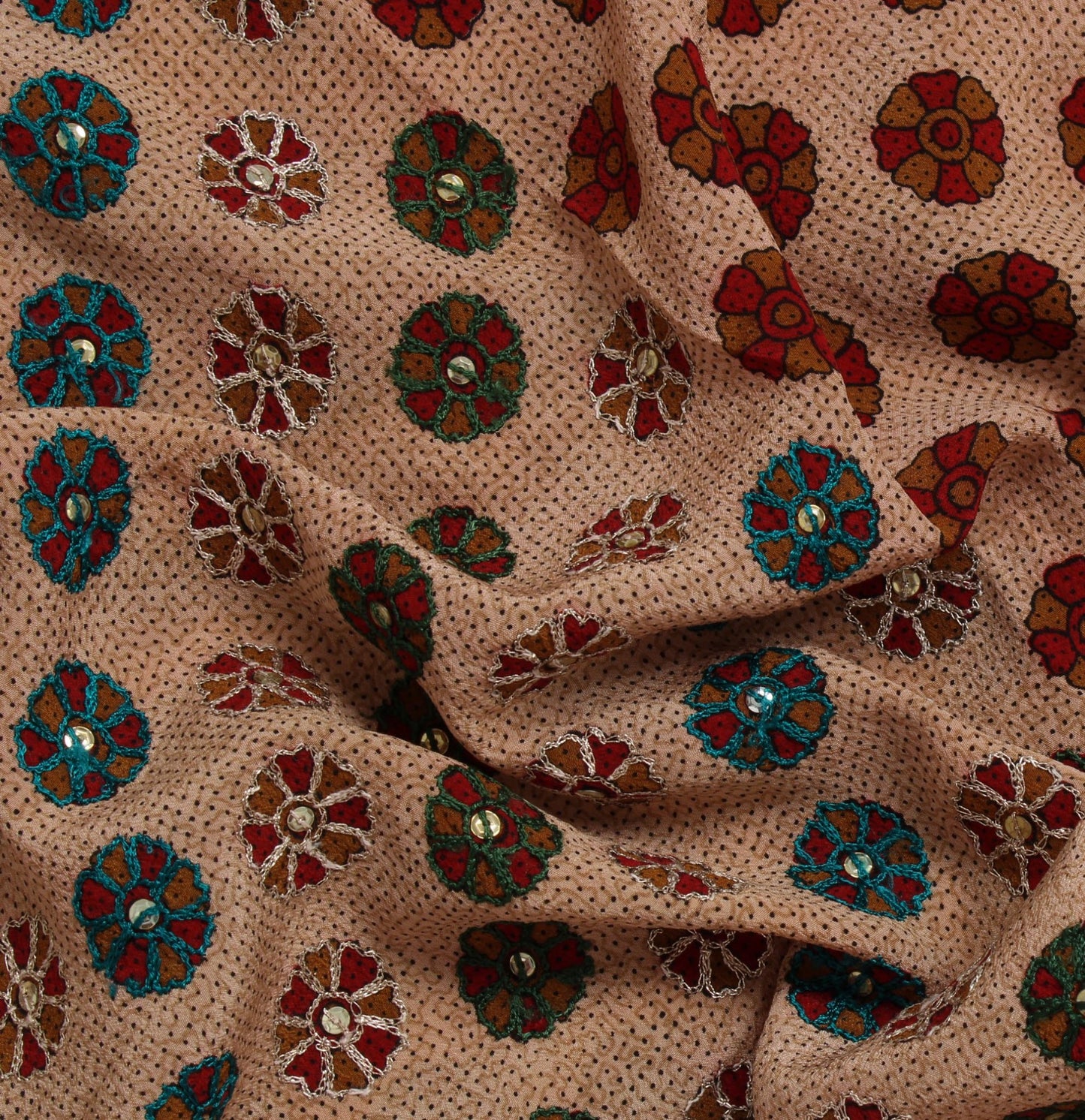 Sushila Vintage Cream Sari Pure Crepe Silk Embroidered Floral Sari 5 Yard Fabric