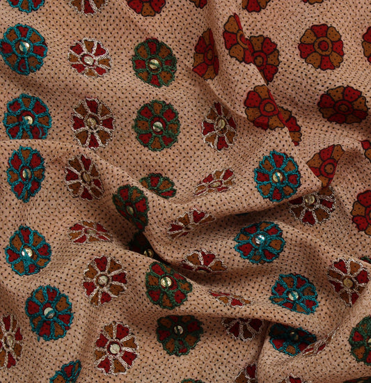 Sushila Vintage Cream Sari Pure Crepe Silk Embroidered Floral Sari 5 Yard Fabric