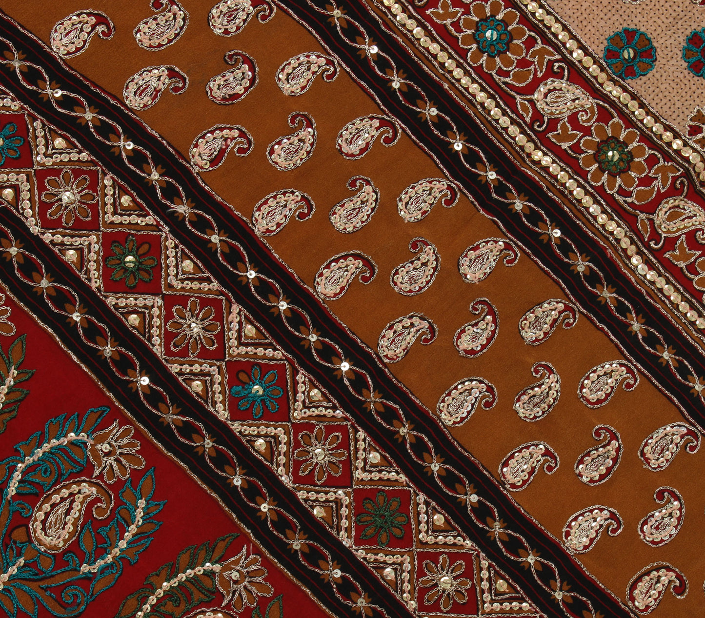 Sushila Vintage Cream Sari Pure Crepe Silk Embroidered Floral Sari 5 Yard Fabric
