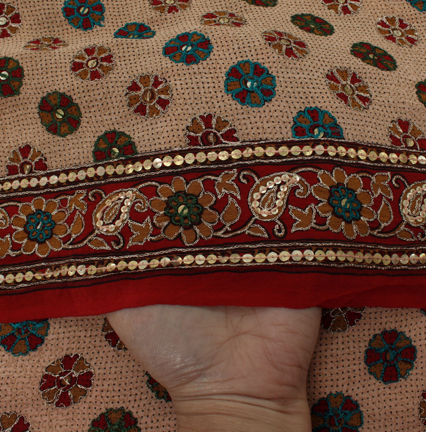 Sushila Vintage Cream Sari Pure Crepe Silk Embroidered Floral Sari 5 Yard Fabric