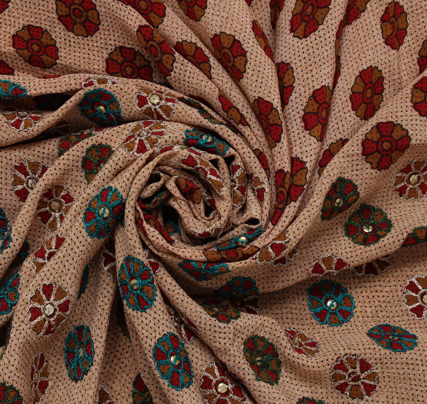Sushila Vintage Cream Sari Pure Crepe Silk Embroidered Floral Sari 5 Yard Fabric