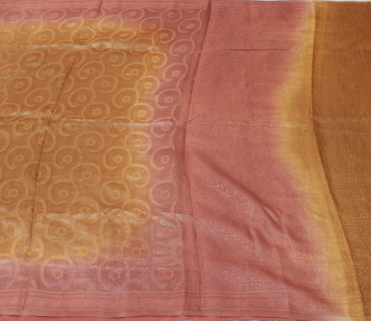 Sushila Vintage Golden Saree Pure Silk All Over Woven Floral Sari Decor Fabric