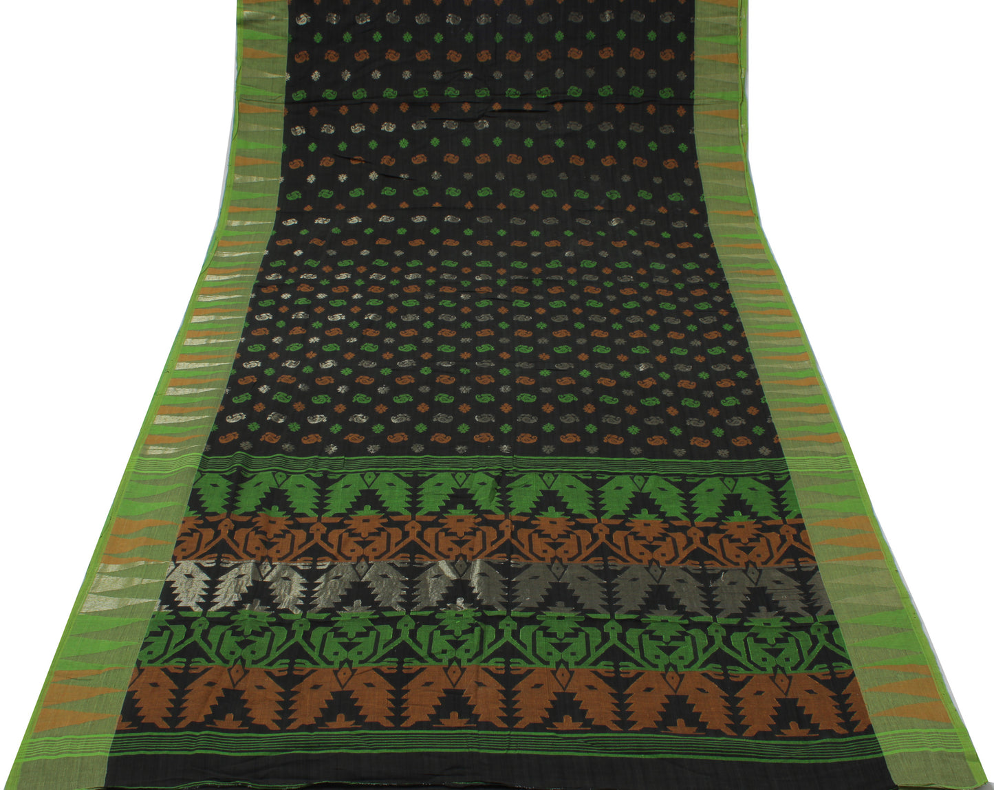 Sushila Vintage Black Indian Saree Pure Cotton Hand Woven Abstract Sari Craft Fabric