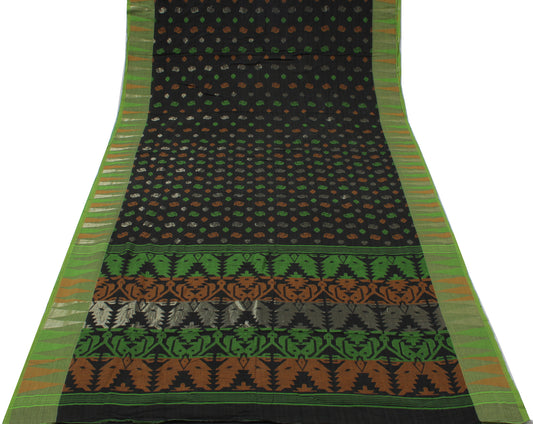 Sushila Vintage Black Indian Saree Pure Cotton Hand Woven Abstract Sari Craft Fabric