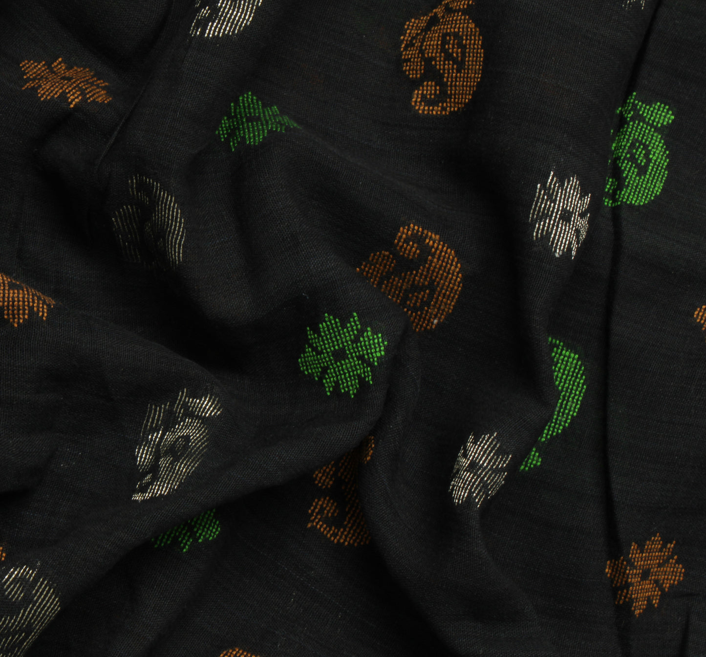 Sushila Vintage Black Indian Saree Pure Cotton Hand Woven Abstract Sari Craft Fabric