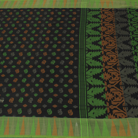 Sushila Vintage Black Indian Saree Pure Cotton Hand Woven Abstract Sari Craft Fabric