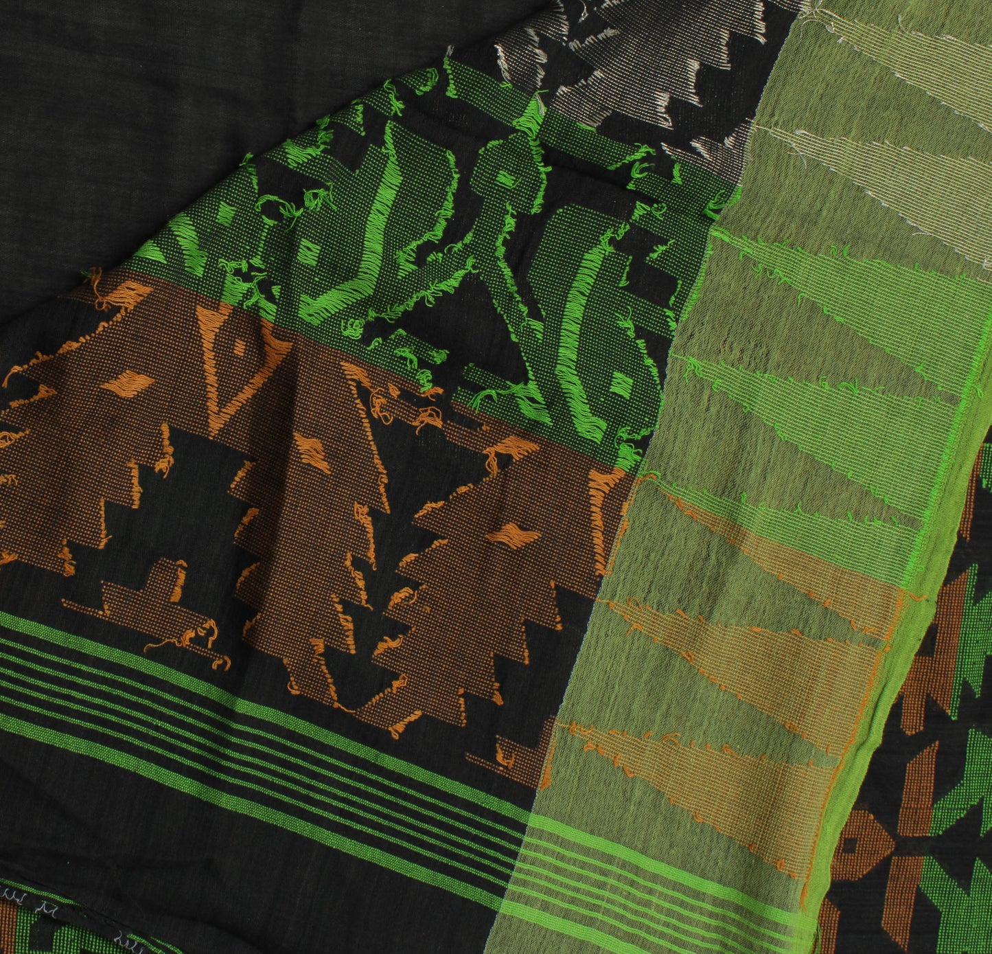 Sushila Vintage Black Indian Saree Pure Cotton Hand Woven Abstract Sari Craft Fabric