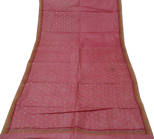 Sushila Vintage Pink Saree Pure Tussar Silk Embroidered Floral Sari Craft Fabric