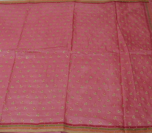 Sushila Vintage Pink Saree Pure Tussar Silk Embroidered Floral Sari Craft Fabric