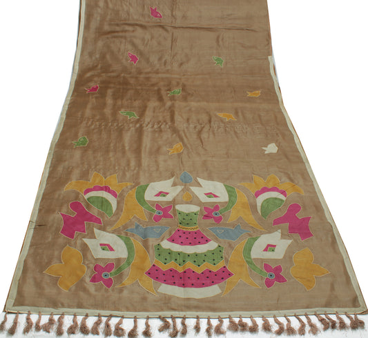 Sushila Vintage Brown Sari Pure Tussar Silk Floral Applique Work Sari  Fabric