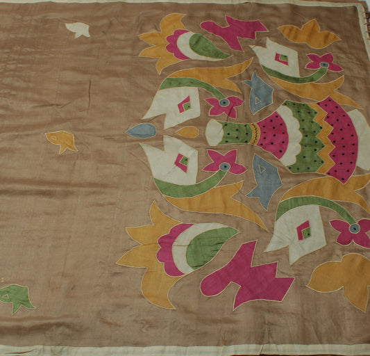Sushila Vintage Brown Sari Pure Tussar Silk Floral Applique Work Sari  Fabric
