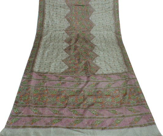 Sushila Vintage Gray Indian Saree 100% Pure Silk Printed Floral Sari Fabric