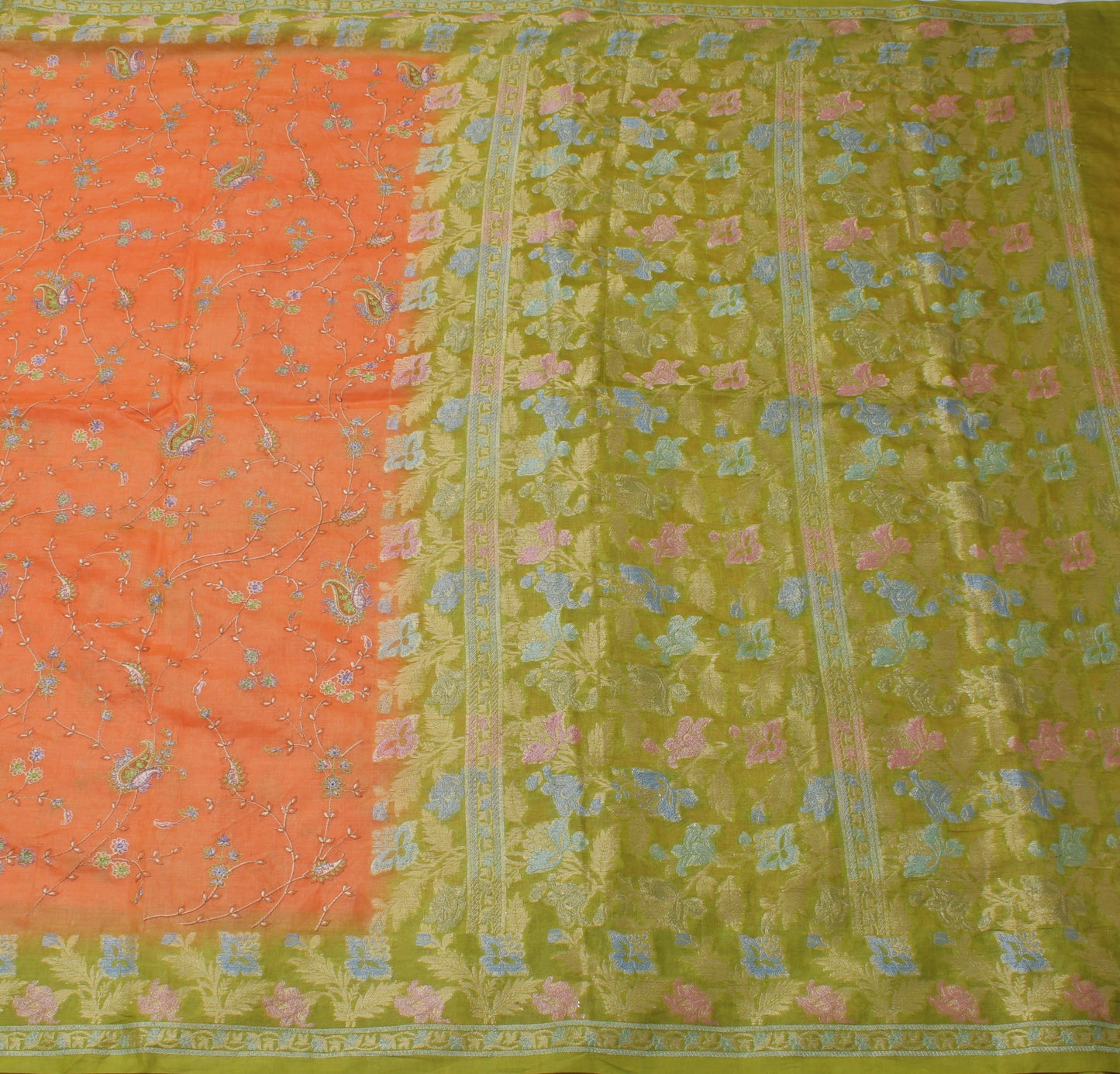 Sushila Vintage Peach Saree Pure Silk Woven & Embroidered Floral Sari Fabric