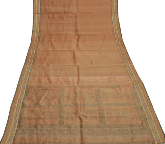 Sushila Vintage Brown Indian Saree 100% Pure Silk Woven Sari Decor 5 Yard Fabric