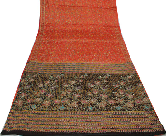 Sushila Vintage Orange Saree Pure Georgette Silk Printed Floral Sari 5 YD Fabric
