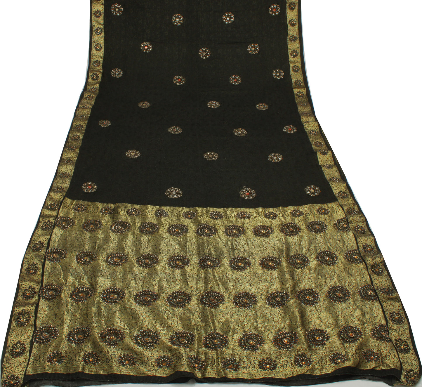 Sushila Vintage Black HEAVY Saree Pure Georgette Silk Hand Beaded Base with Zari Brocade Border Pallu Sari Fabric