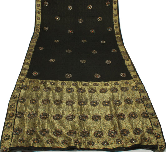 Sushila Vintage Black HEAVY Saree Pure Georgette Silk Hand Beaded Base with Zari Brocade Border Pallu Sari Fabric