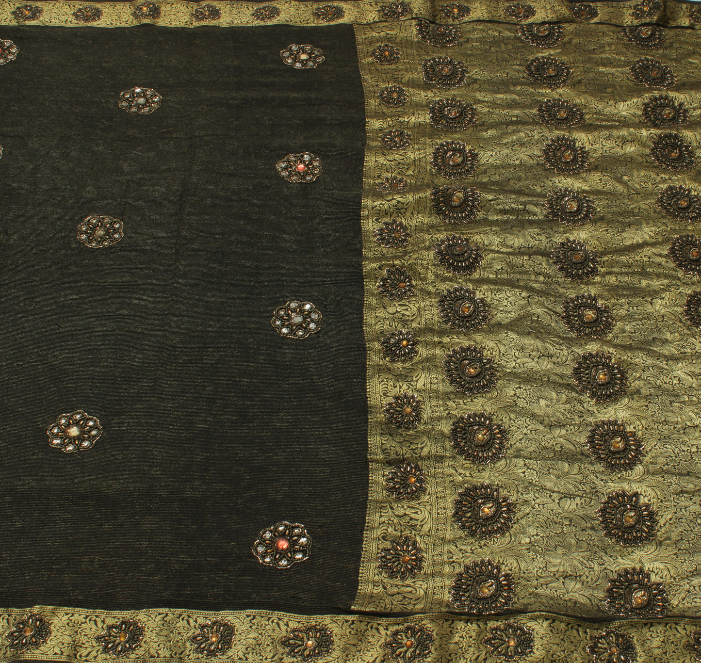 Sushila Vintage Black HEAVY Saree Pure Georgette Silk Hand Beaded Base with Zari Brocade Border Pallu Sari Fabric
