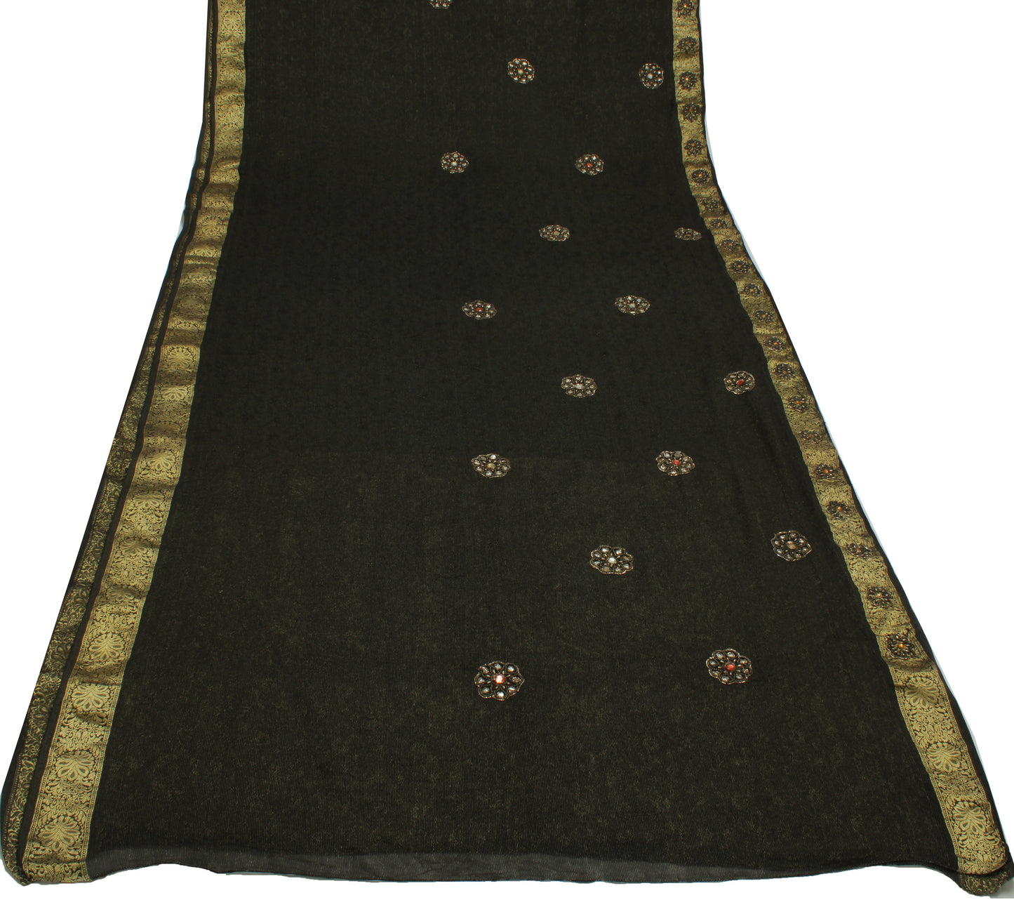 Sushila Vintage Black HEAVY Saree Pure Georgette Silk Hand Beaded Base with Zari Brocade Border Pallu Sari Fabric
