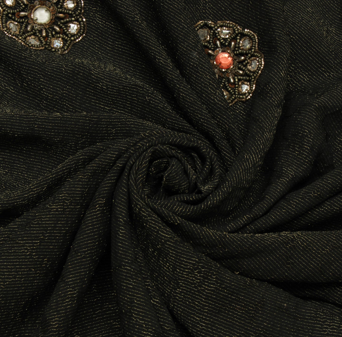 Sushila Vintage Black HEAVY Saree Pure Georgette Silk Hand Beaded Base with Zari Brocade Border Pallu Sari Fabric