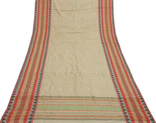 Sushila Vintage Cream Saree Pure Cotton Woven & Printed Check Sari Craft Fabric