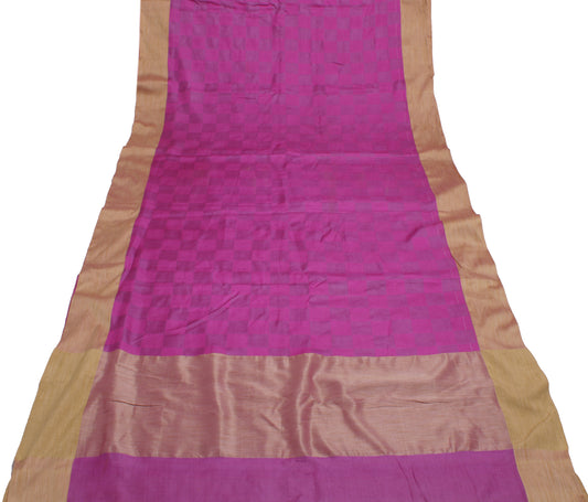 Sushila Vintage Magenta Saree  Pure Tussar Silk Woven Check Sari Craft Decor Fabric