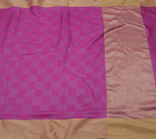 Sushila Vintage Magenta Saree  Pure Tussar Silk Woven Check Sari Craft Decor Fabric