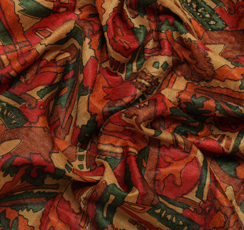 Sushila Vintage Brown Indian Saree Blend Silk Printed Abstract Sari Craft Fabric