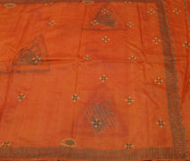 Sushila Vintage Orange Saree Pure Silk Hand Embroidered Floral Sari Craft Fabric