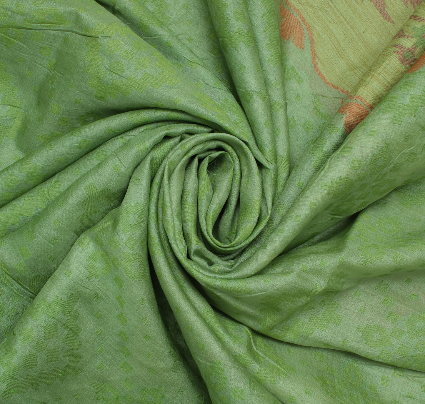 Sushila Vintage Green Saree Pure Tussar Silk Woven Abstract Sari 5 Yard Craft Fabric