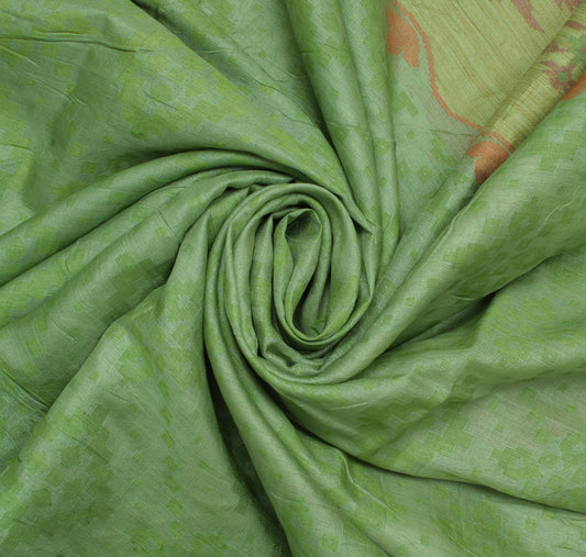 Sushila Vintage Green Saree Pure Tussar Silk Woven Abstract Sari 5 Yard Craft Fabric