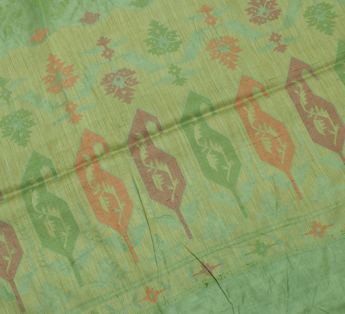 Sushila Vintage Green Saree Pure Tussar Silk Woven Abstract Sari 5 Yard Craft Fabric