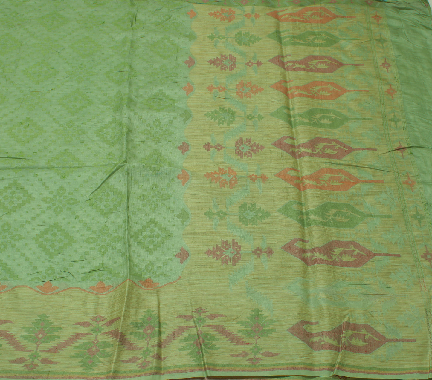 Sushila Vintage Green Saree Pure Tussar Silk Woven Abstract Sari 5 Yard Craft Fabric
