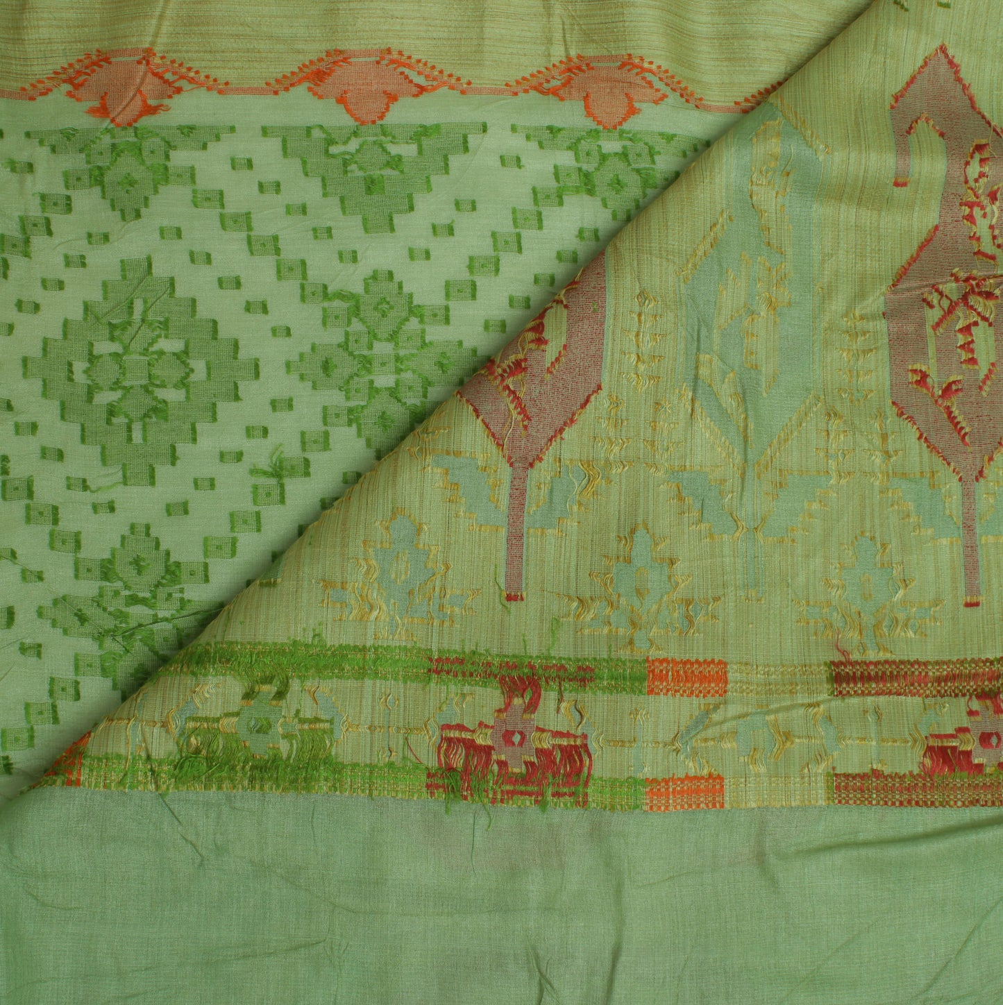 Sushila Vintage Green Saree Pure Tussar Silk Woven Abstract Sari 5 Yard Craft Fabric