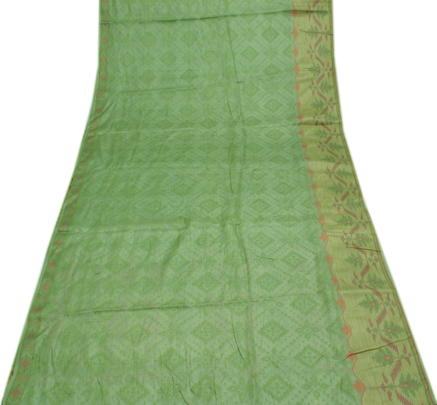 Sushila Vintage Green Saree Pure Tussar Silk Woven Abstract Sari 5 Yard Craft Fabric