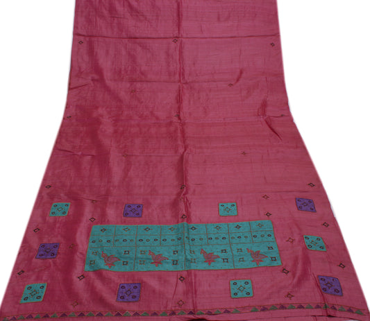 Sushila Vintage Pure Tussar Silk Saree Embroidered Patch Work Sari Craft Fabric