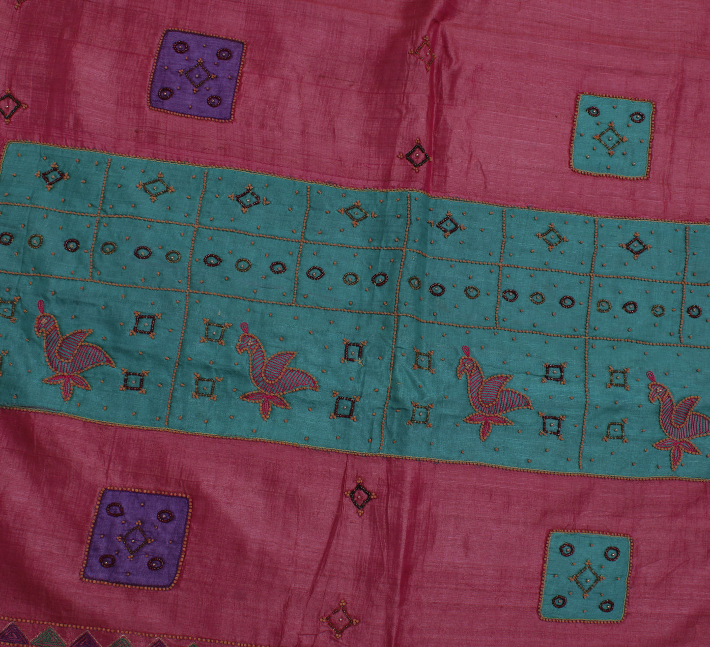 Sushila Vintage Pure Tussar Silk Saree Embroidered Patch Work Sari Craft Fabric