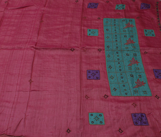 Sushila Vintage Pure Tussar Silk Saree Embroidered Patch Work Sari Craft Fabric