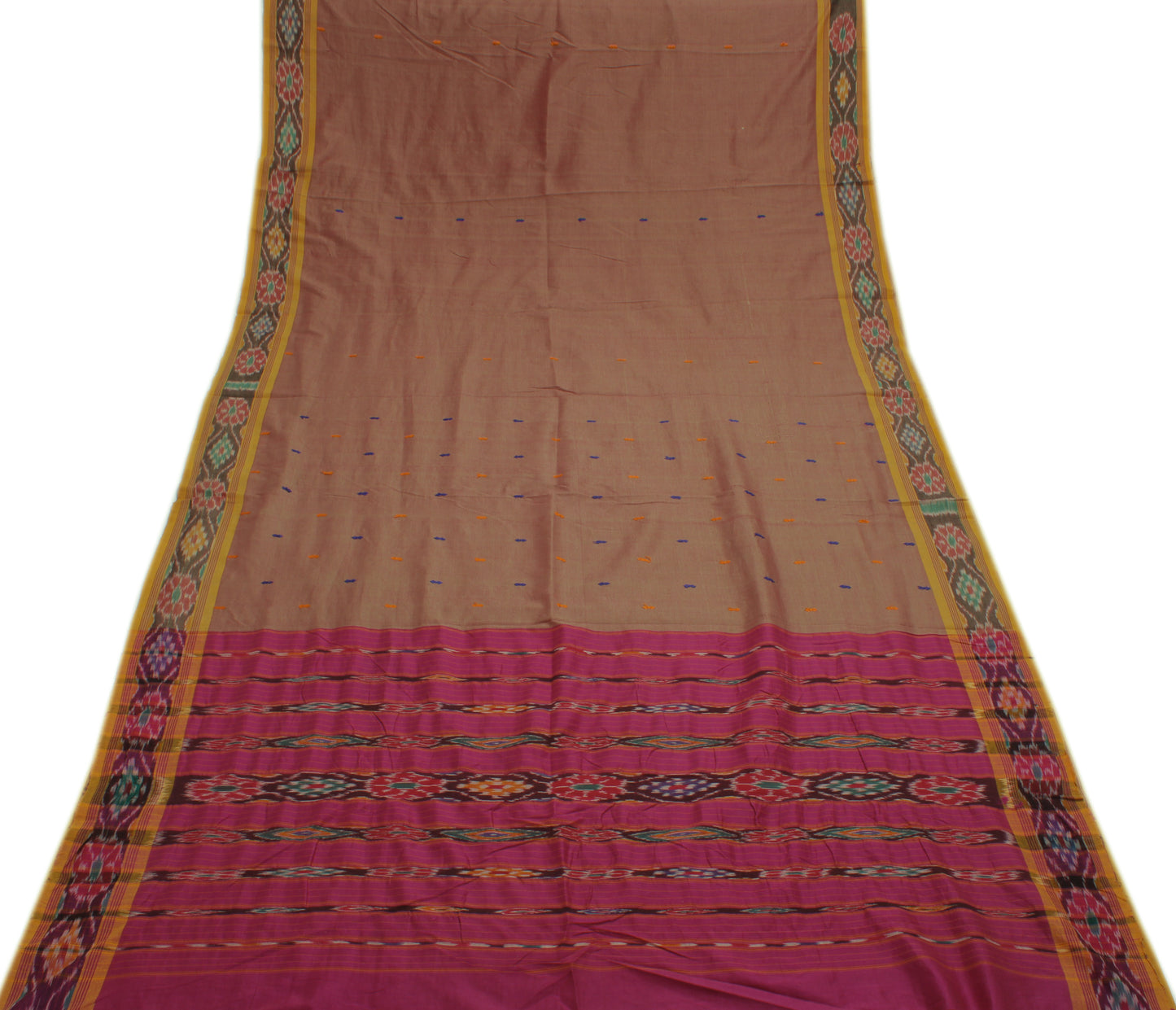 Sushila Vintage Brown Saree Pure Cotton Hand Woven Ikat Patola Sari Craft Fabric