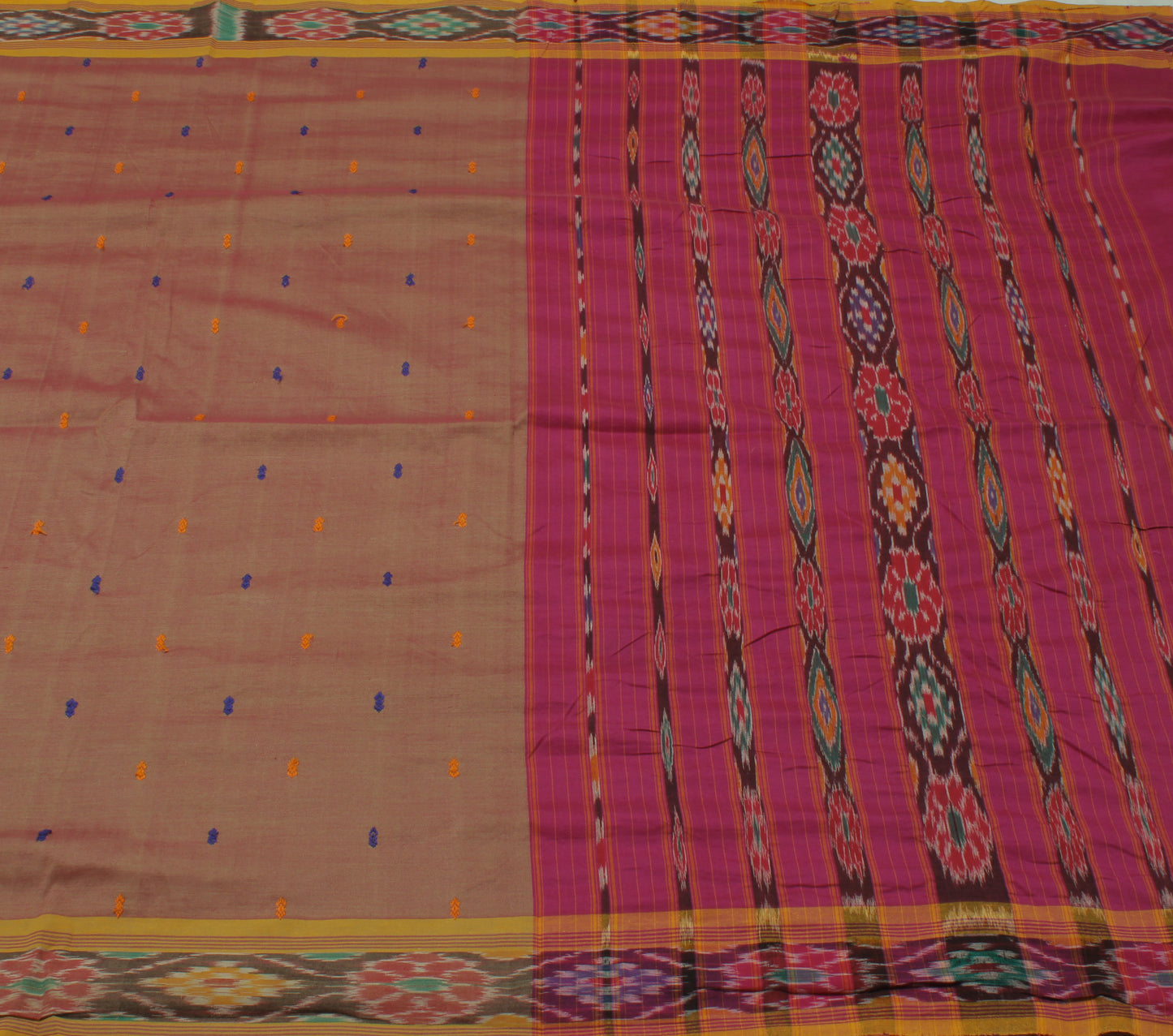 Sushila Vintage Brown Saree Pure Cotton Hand Woven Ikat Patola Sari Craft Fabric