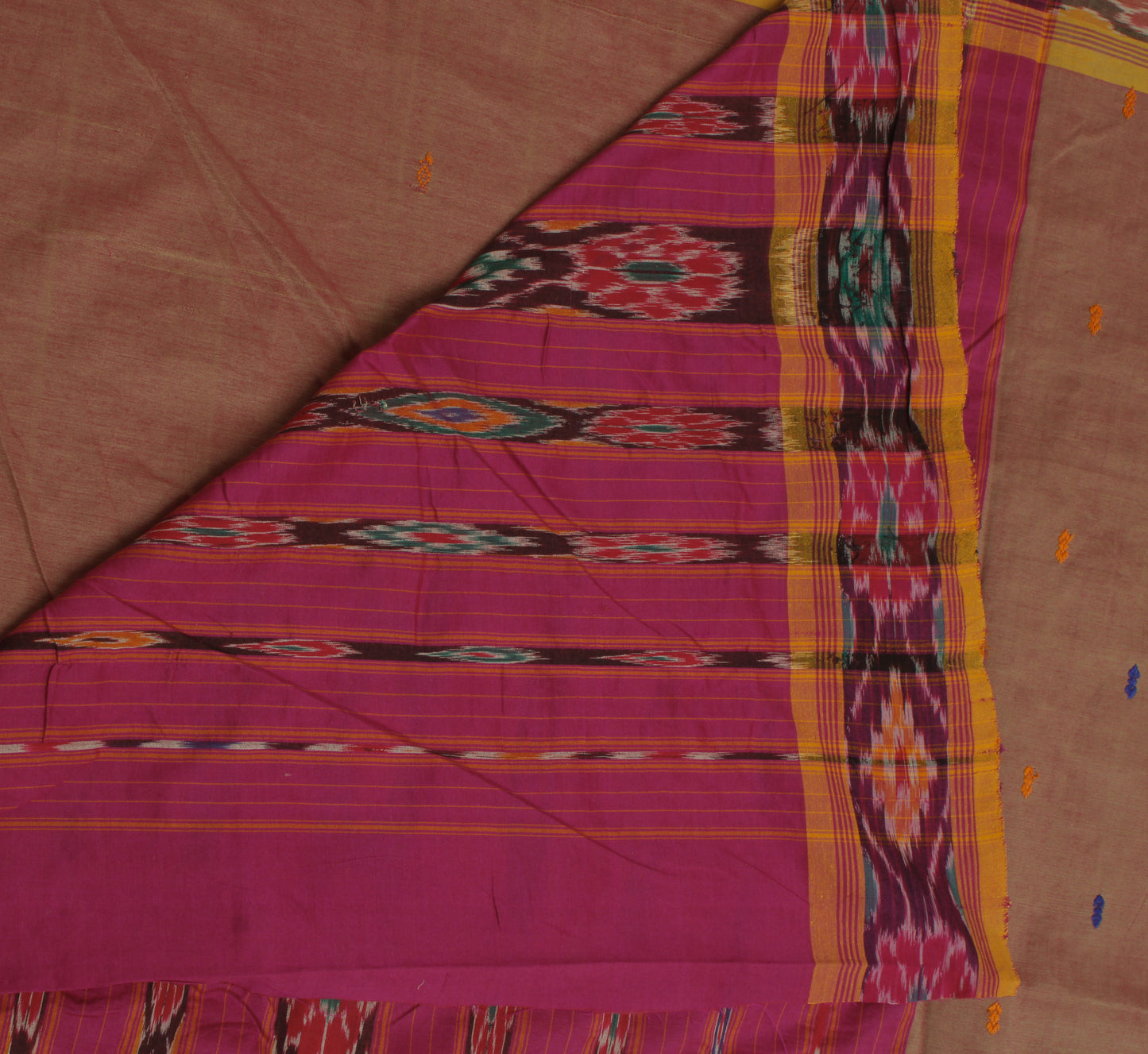 Sushila Vintage Brown Saree Pure Cotton Hand Woven Ikat Patola Sari Craft Fabric