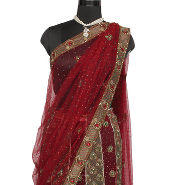 Sushila Vintage Maroon Saree Net Mesh Hand Beaded & Woven Floral Sari Fabric