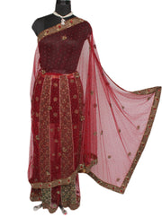 Sushila Vintage Maroon Saree Net Mesh Hand Beaded & Woven Floral Sari Fabric