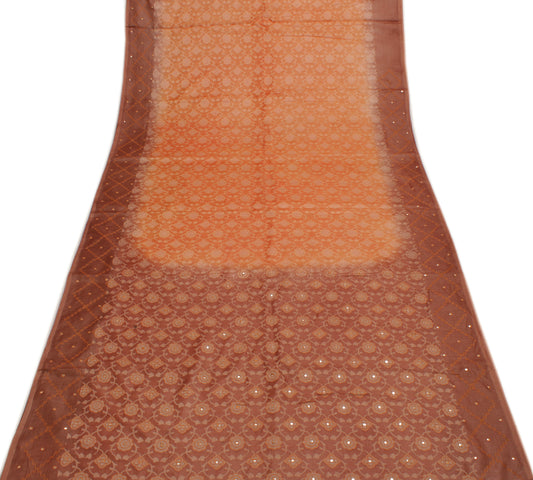 Sushila Vintage Peach Saree 100% Pure Silk All Over Woven Floral Sari Fabric
