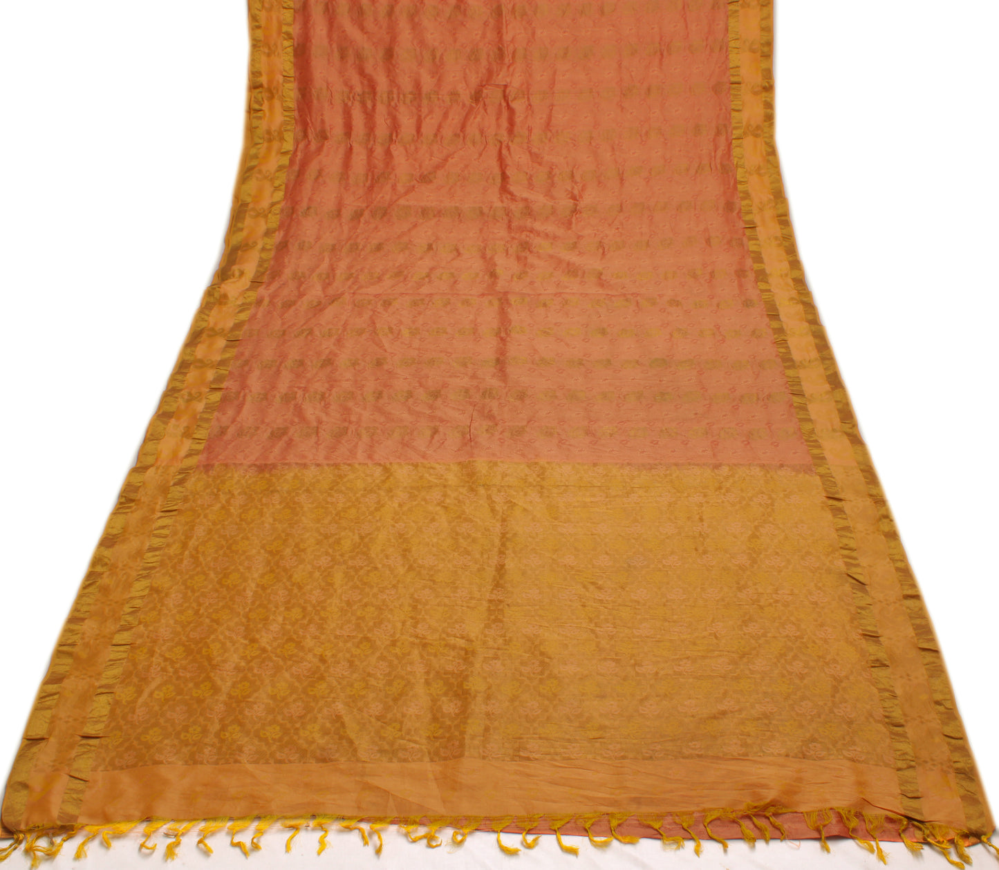 Sushila Vintage Peach Saree Pure Silk All Over Woven Floral Sari Craft Fabric