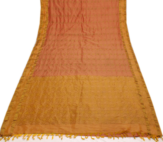 Sushila Vintage Peach Saree Pure Silk All Over Woven Floral Sari Craft Fabric