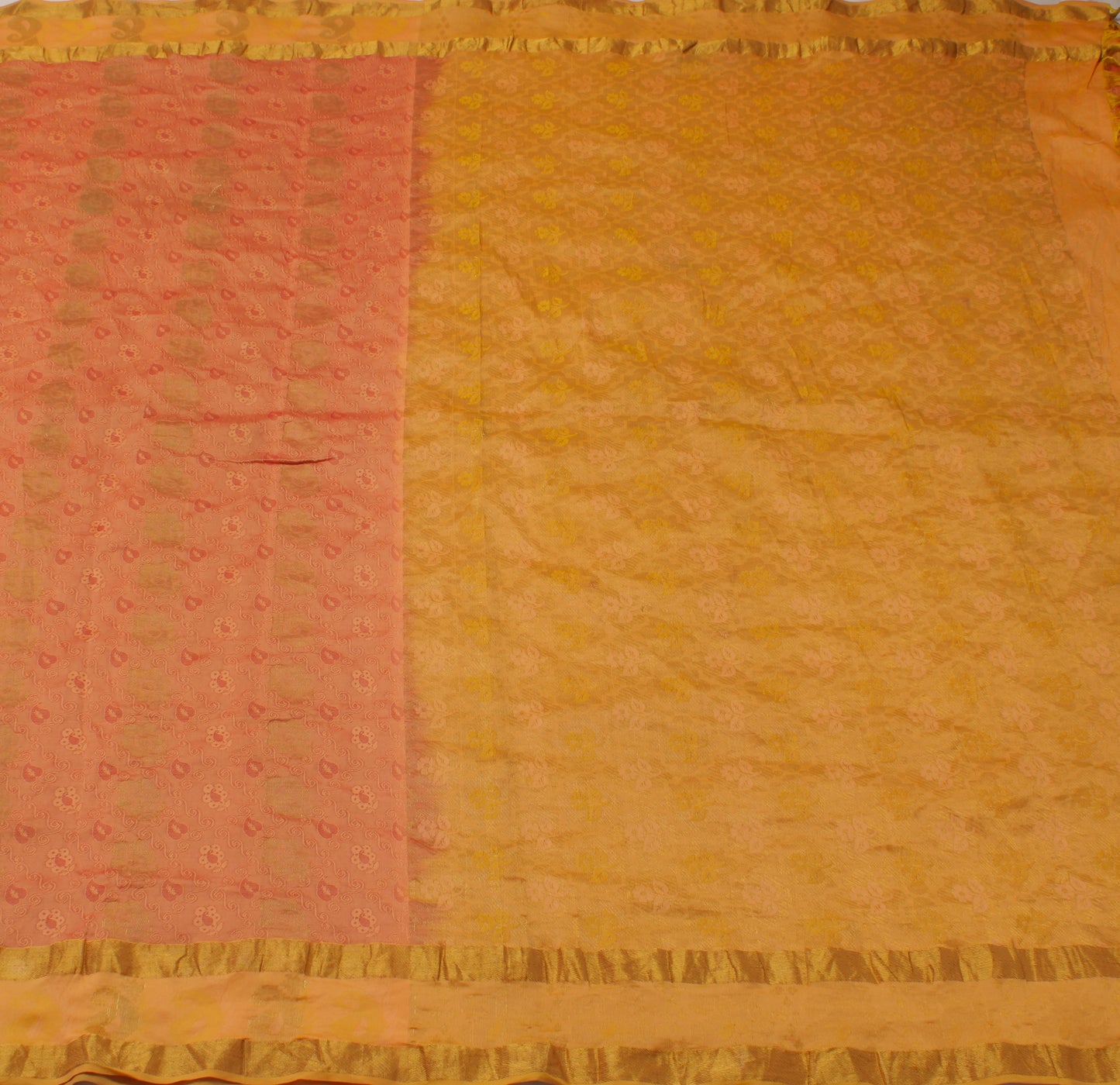 Sushila Vintage Peach Saree Pure Silk All Over Woven Floral Sari Craft Fabric